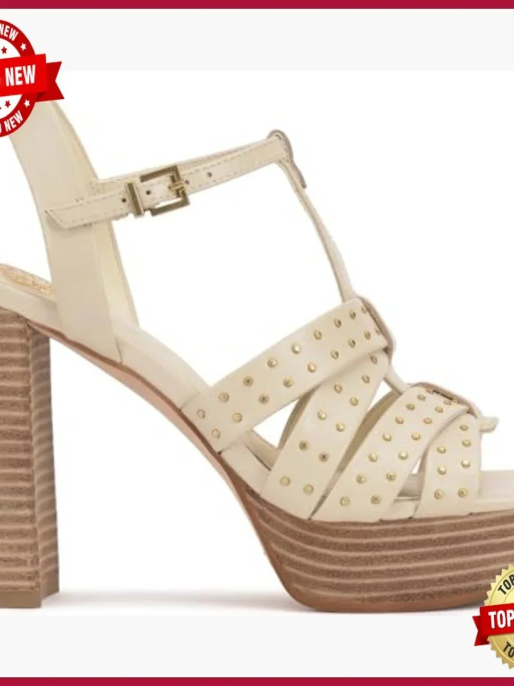 Platform Sandal with T-Strap and Stacked Heel - Open Toe, Buckle Closure